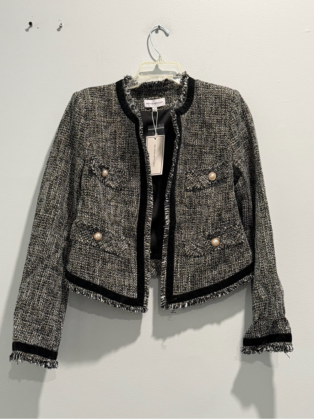Melrose With Love Classic Tweed Fringe-Trim Cropped Jacket - Black & Gray